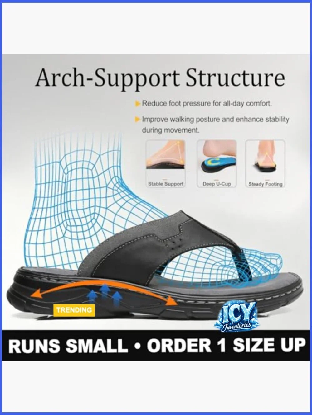 Men's Leather Flip Flops, Arch Support Memory Foam Thong Sandals
